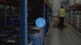 Animation of connected icons, african american worker using trolley to move boxes in warehouse. Digital composite, multiple exposure, ideas, communication, shipping and distribution concept. - Powered by Shutterstock - Get 15% off with code: PIKWIZARD15