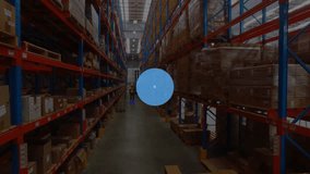 Animation of connected icons over african american worker using hoverboard in warehouse. Digital composite, multiple exposure, communication, technology, shipping and distribution concept. - Powered by Shutterstock - Get 15% off with code: PIKWIZARD15