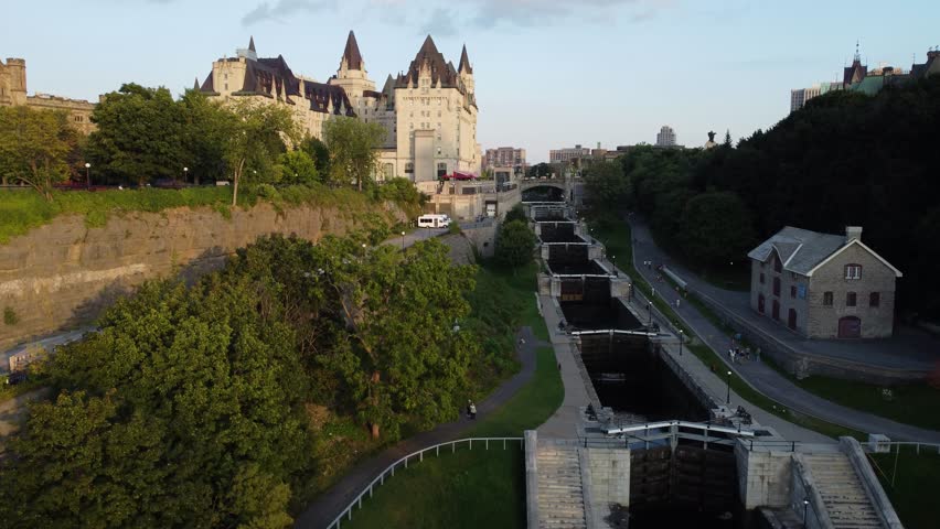 Ottawa skyline with historic Fairmont Château Laurier, Rideau Canal locks