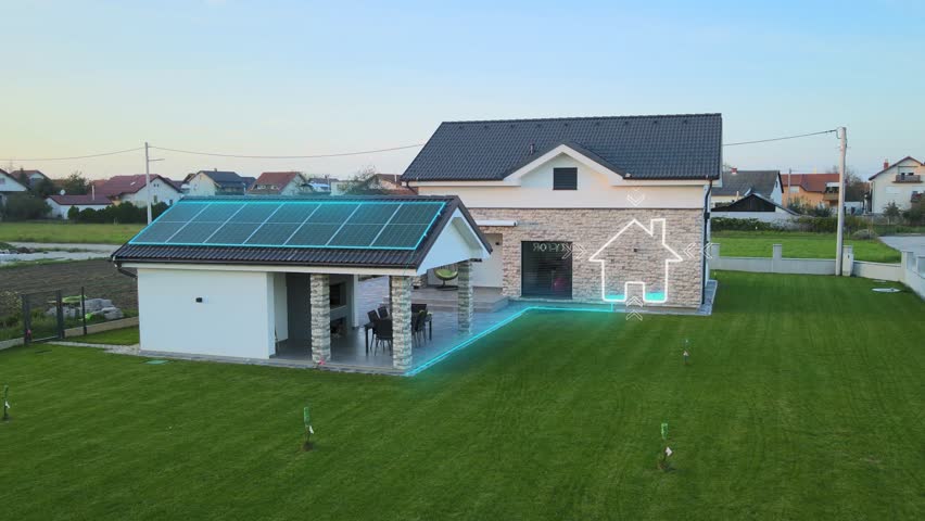 Self-sustainable house, Smart home powered by solar energy- CGI render Royalty-Free Stock Footage #1111047053