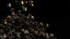 Falling black gift boxes tied with gold ribbons on black background. Luxury treat, present, shopping, black friday sale and retail concept digitally generated video. - Powered by Shutterstock - Get 15% off with code: PIKWIZARD15