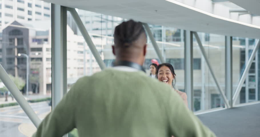 Hug, excited and a couple at the airport for a hello, love and welcome from a vacation. Together, happy and a young man and woman with care from a holiday flight, journey or reunion after travel Royalty-Free Stock Footage #1111048659