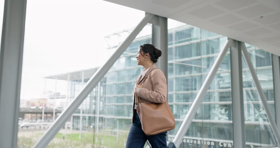 Business woman, walking and travel, suitcase and airport with corporate conference with smile and professional trip. Female employee, arrival and happy to attend convention for company with luggage Royalty-Free Stock Footage #1111049203