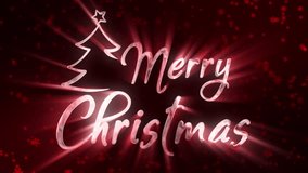 Merry Christmas greeting with white and silver text and Christmas tree on red background.Snow slowly falling in the background.rays of light interacting with the text.christmas concept.happy holidays. - Powered by Shutterstock - Get 15% off with code: PIKWIZARD15