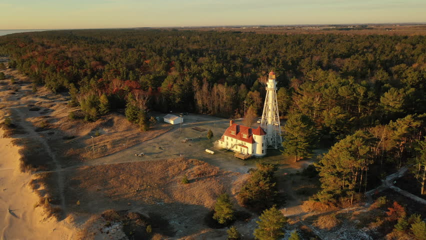Aerial view of the Michigan Lake shoreline. The Great Lakes. Wisconsin, USA. Sunrise, golden hour