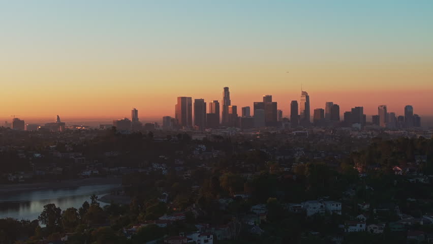 Los Angeles Skyline Sunrise Over Sliver Lake Hills and Reservoir Royalty-Free Stock Footage #1111053559