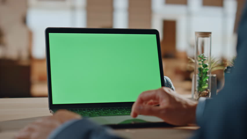 Businessman fingers scrolling mockup laptop touchpad working remotely at home closeup. Unknown manager hands surfing internet information online swiping pc. Worker touching chromakey computer  Royalty-Free Stock Footage #1111055279