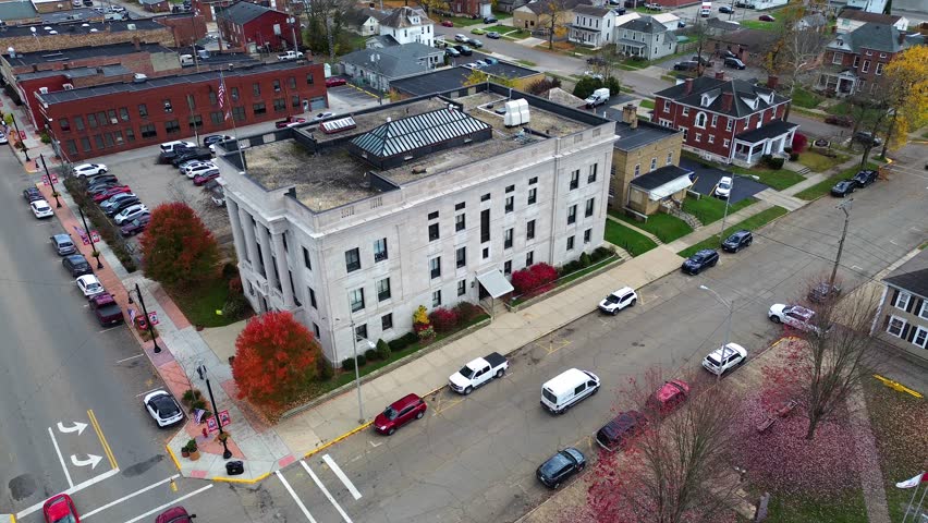 Logan, Ohio, aerial drone footage of the downtown and surrouding town. Hocking County Courthouse, aerial drone.