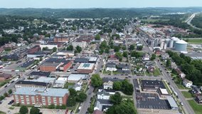 Logan, Ohio, aerial drone footage of the downtown and surrouding town. Hocking County Courthouse, aerial drone.