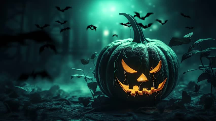 spooky pumpkin in halloween night with flying bat