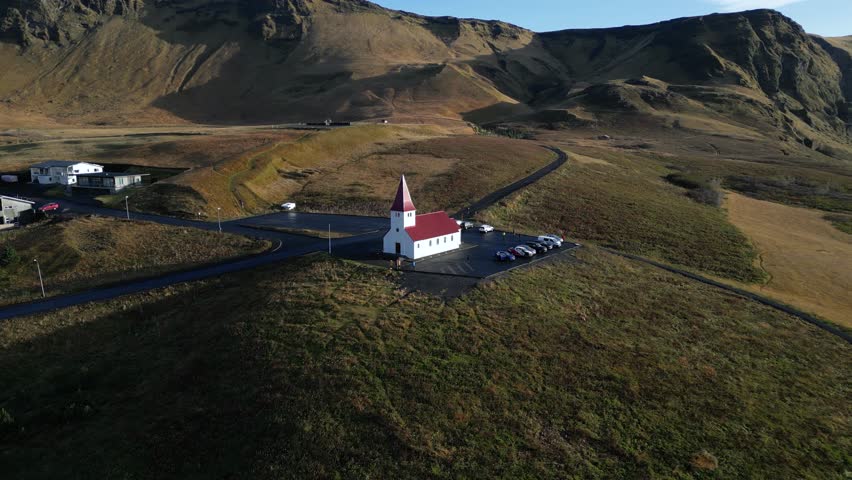 Church Chapel in Breathtaking Iceland Mountain Landscape in Vik, Aerial