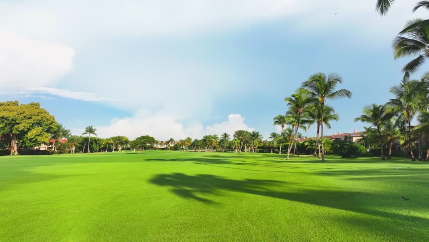 Beautiful evening landscape of a golf club with rich green turf. Shadows from palm trees on the grass. Panoramic view of the golf course with green grass and palm trees. Royalty-Free Stock Footage #1111058611
