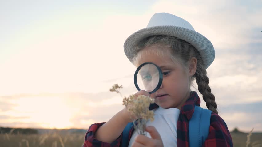 travel discovery concept. toddler girl in park with interest examines flower with magnifying glass. kid scout is studying nature through magnifying glass. Curious kid in park. girl discovery travel.