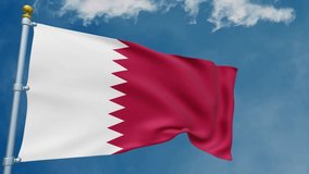 The national flag of Qatar flies over the blue sky. 3D animation of a flag flying with a vertical pole. 4k video and bottom view