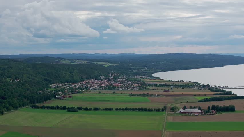 Swedish Village And Farm Fields Seen From Brahehus Castle Near Vattern, Sweden. Aerial Shot