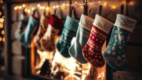 A pair of festive red Christmas stockings hang gracefully by the fireplace, patiently awaiting the arrival of gifts and surprises - Powered by Shutterstock - Get 15% off with code: PIKWIZARD15