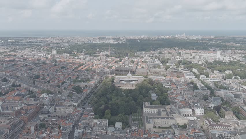 A-Log. The Hague, Netherlands. Royal Stables. Paleistuin - park. Cloudy weather. Summer day, Aerial View, Point of interest