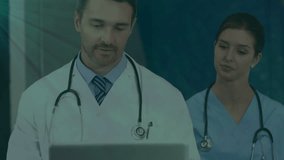 Animation of network of icons over diverse doctors. Global medicine, business, connections, computing and data processing concept digitally generated video.