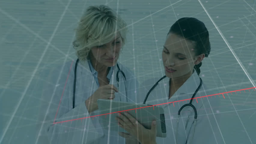 Animation of statistics and financial data processing over diverse doctors. Global medicine, business, connections, computing and data processing concept digitally generated video.