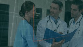 Animation of statistics and financial data processing over diverse doctors. Global medicine, business, connections, computing and data processing concept digitally generated video.