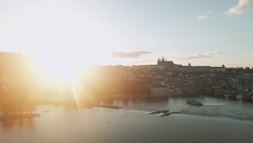 Twilight over Prague: Aerial View of Mala Strana and Charles Bridge at Sunset 