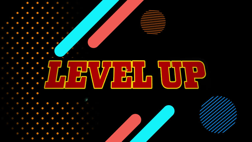 Animation of level up text on retro speech bubble and colorful abstract shapes on black background. Video game and entertainment technology concept - Powered by Shutterstock - Get 15% off with code: PIKWIZARD15