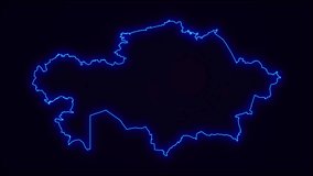 Kazakhstan Map Outline Country Border on dark blue.  Neon Lights  colorful animation transition. Flag of Kazakhstan. Animation in neon style. 4k Resolution.