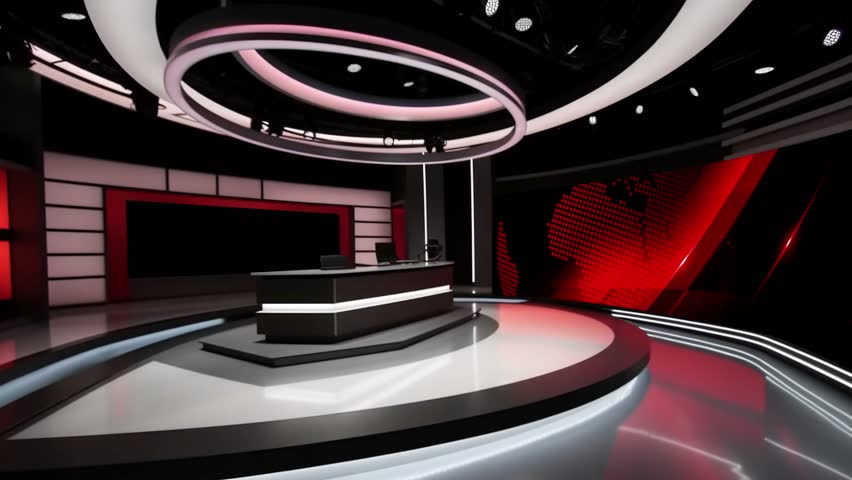 Tv studio. News room. Studio Background. Newsroom bakground. Backdrop for any green screen or chroma key video production. Loop. 3D rendering.
