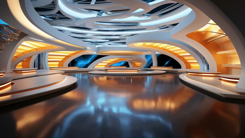 Tv studio. News room. Studio Background. Newsroom bakground. Backdrop for any green screen or chroma key video production. Loop. 3D rendering.
