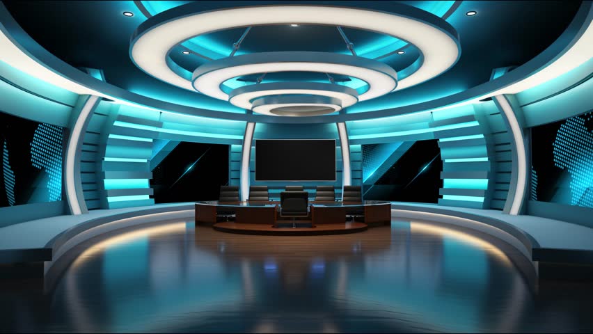 Tv studio. News room. Studio Background. Newsroom bakground. Backdrop for any green screen or chroma key video production. Loop. 3D rendering.
