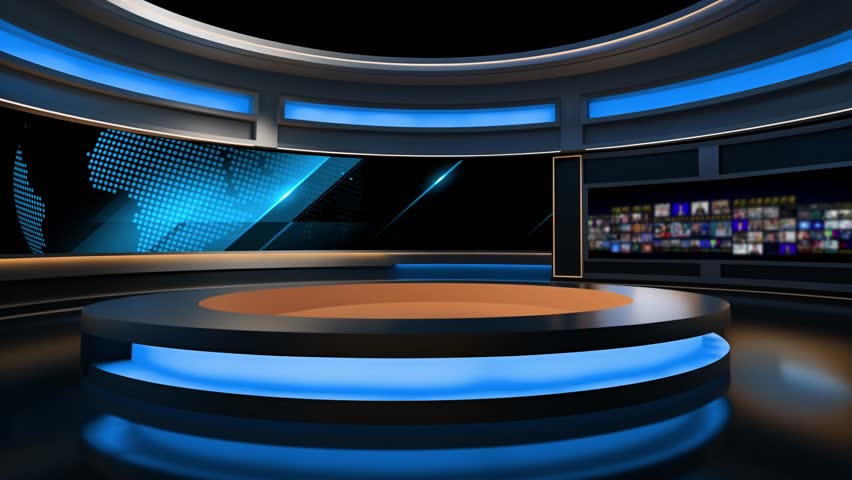 Tv studio. News room. Studio Background. Newsroom bakground. Backdrop for any green screen or chroma key video production. Loop. 3D rendering.
