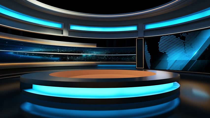 Tv studio. News room. Studio Background. Newsroom bakground. Backdrop for any green screen or chroma key video production. Loop. 3D rendering.
