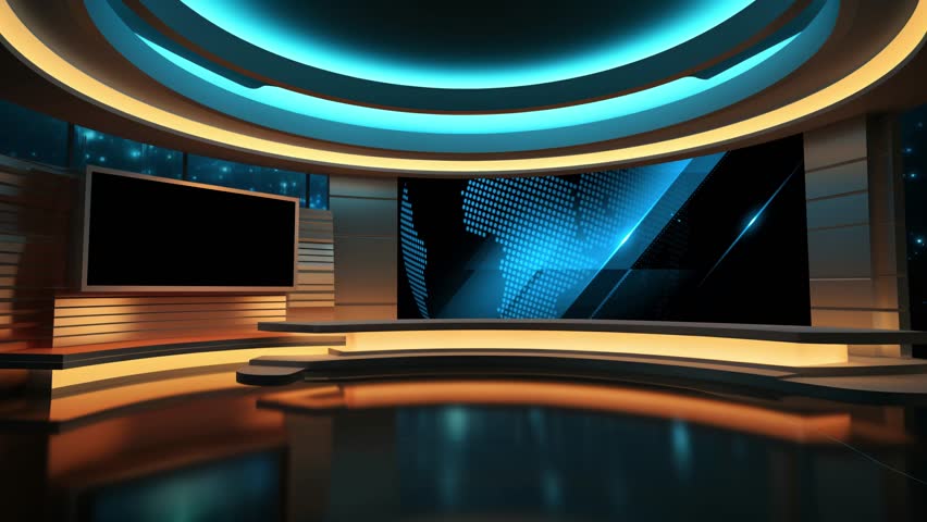 Tv studio. News room. Studio Background. Newsroom bakground. Backdrop for any green screen or chroma key video production. Loop. 3D rendering.
