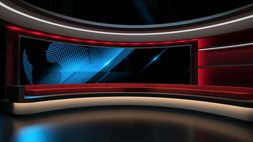 Tv studio. News room. Studio Background. Newsroom bakground. Backdrop for any green screen or chroma key video production. Loop. 3D rendering.
