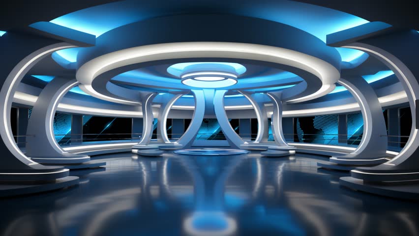 Tv studio. News room. Studio Background. Newsroom bakground. Backdrop for any green screen or chroma key video production. Loop. 3D rendering.
