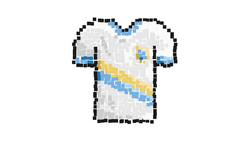 Animated Pixel icon. Classic football player t shirt. Sports uniform of soccer player. Layout of athletes on field. Simple retro game looped video isolated on white background