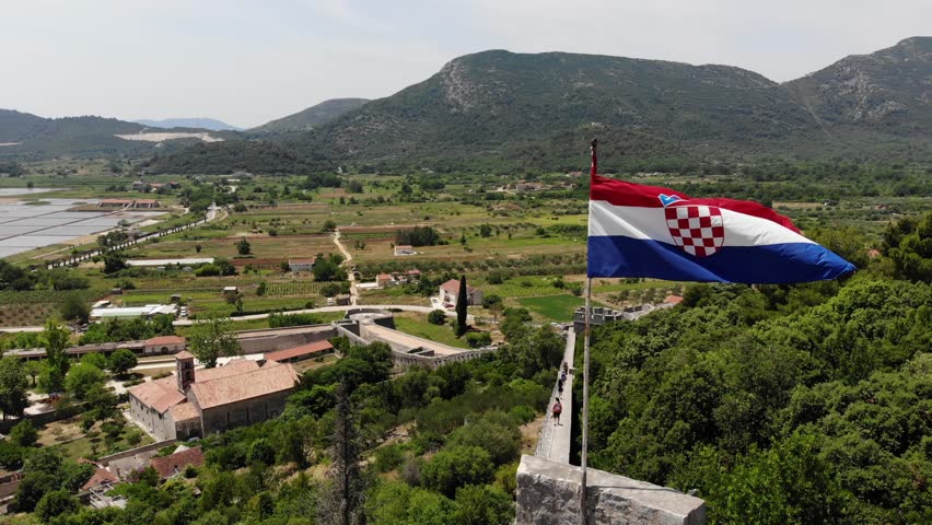 Croatia drone view. Ston defensive town walls and medieval ramparts.