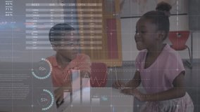 Animation of infographic interface over diverse children talking while using laptop. Digital composite, multiple exposure, report, business, childhood, togetherness, global and technology concept. - Powered by Shutterstock - Get 15% off with code: PIKWIZARD15