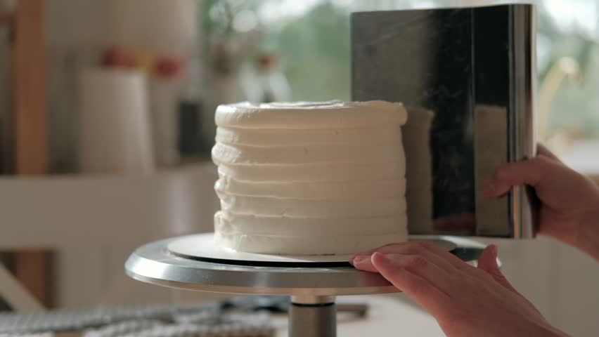 Woman is cooking homemade cake. Pastry chef collects cake from biscuit layers, cake preparation. cooking, baking and cooking, home cooking. | Shutterstock HD Video #1111093683