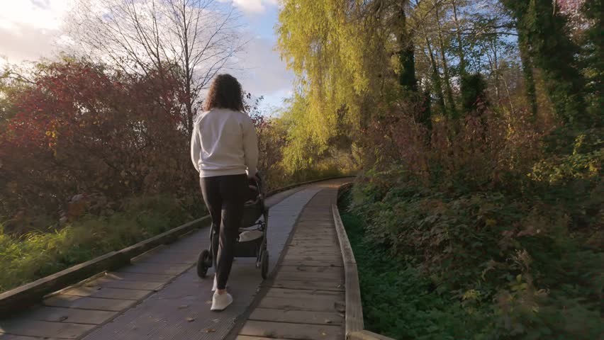 Mother walking with Stroller on Path at Deer Lake. Burnaby, BC Canada. Fall Season. Sunny Sunset. Slow Motion. High quality 4k footage