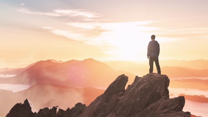 Adventure Man Hiker standing on top of Rocky Cliff. 3d Rendering Peak. Mountain Aerial Landscape Background from BC, Canada.