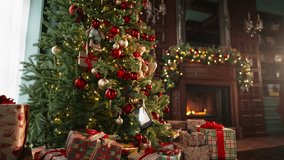 Cozy living room with fireplace in Christmas style. Garlands soft light over fireplace, Christmas tree decorated red balls teddy bears with gifts. Xmas home background, celebrating winter holidays. - Powered by Shutterstock - Get 15% off with code: PIKWIZARD15