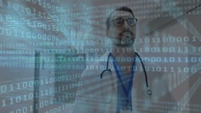 Animation of binary coding data processing over caucasian male doctor. Global medicine, science, connections, computing and data processing concept digitally generated video.