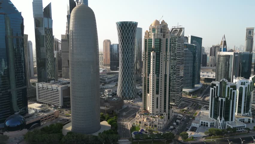 Aerial view of Tornado Tower, West Bay, Doha, Qatar Royalty-Free Stock Footage #1111098769