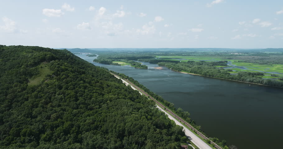 Road By The Mississippi River In Great River Bluffs State Park In Winona, Minnesota. aerial