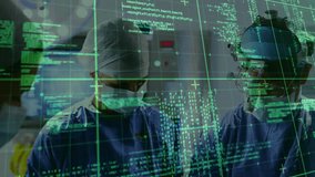 Animation of data processing over diverse surgeons in hospital. Global medicine, healthcare services, computing and data processing concept digitally generated video.