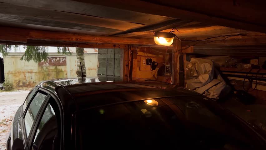 Old wooden garage with black car parked inside. Storage of automobile in a shedder. Vintage garage with golden lamps. Film grain pixel texture. Soft focus. Live camera. Blur. Royalty-Free Stock Footage #1111105343