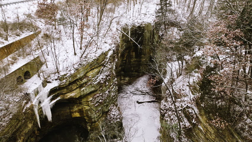 Drone footage capturing the winter beauty of Starved Rock State Park from the air.