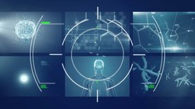 Animation of scope scanning over screens with medical data processing against blue background. Medical research and science technology concept - Powered by Shutterstock - Get 15% off with code: PIKWIZARD15