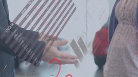Animation of data processing over mid section of male car dealer giving car keys to a woman. Car dealership and sales concept - Powered by Shutterstock - Get 15% off with code: PIKWIZARD15